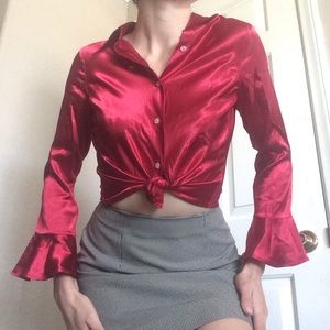 Silky Red Button up with bell sleeves 🌹